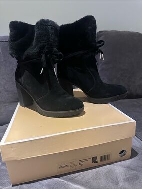 Michael Kors Black Suede Faux Fur Cuff Block Heel Ankle Boots